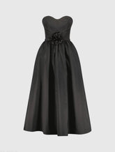 Black Faille Strapless A Line Midi Dress With 3D Rose